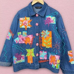 Vintage Artsy Embroidered 3D Popart Denim Jacket